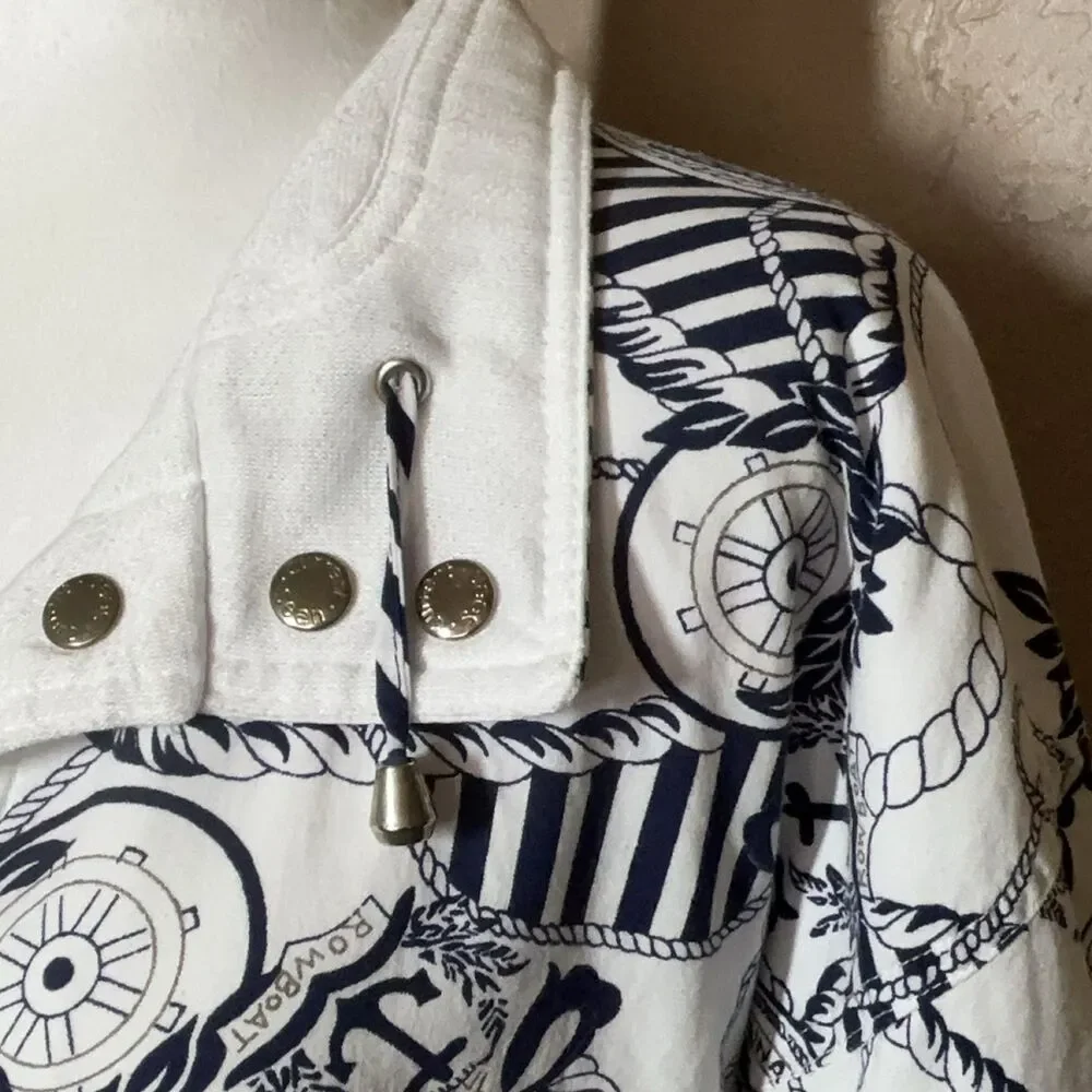 Rowboat Nautical Print Full Zip Jacket M White Navy Blue Anchor Cotton Poly